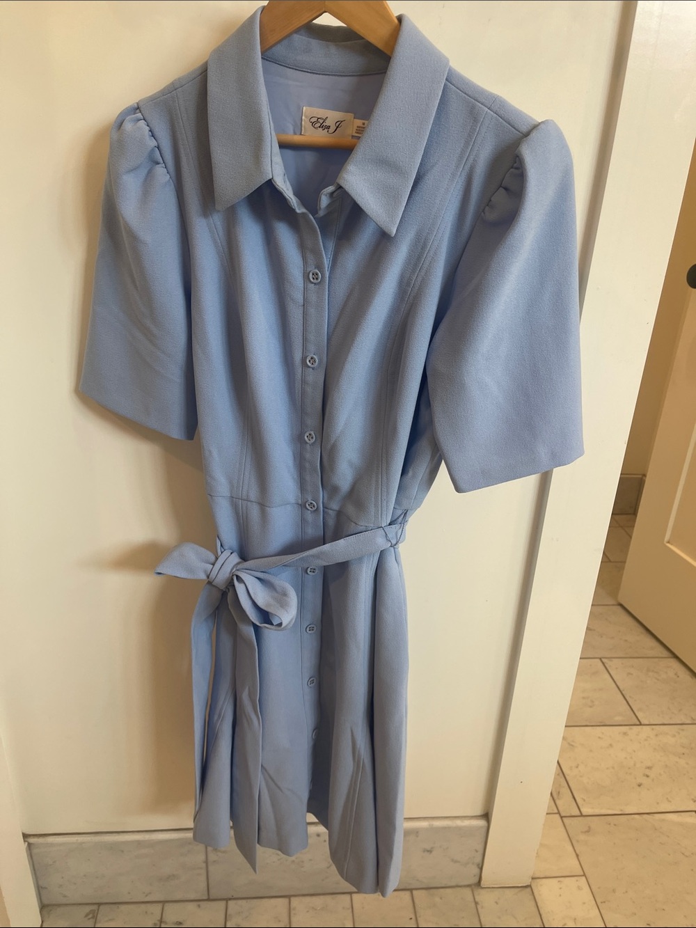 Eliza J Light Blue Button-Front Shirt Dress with Tie Waist
